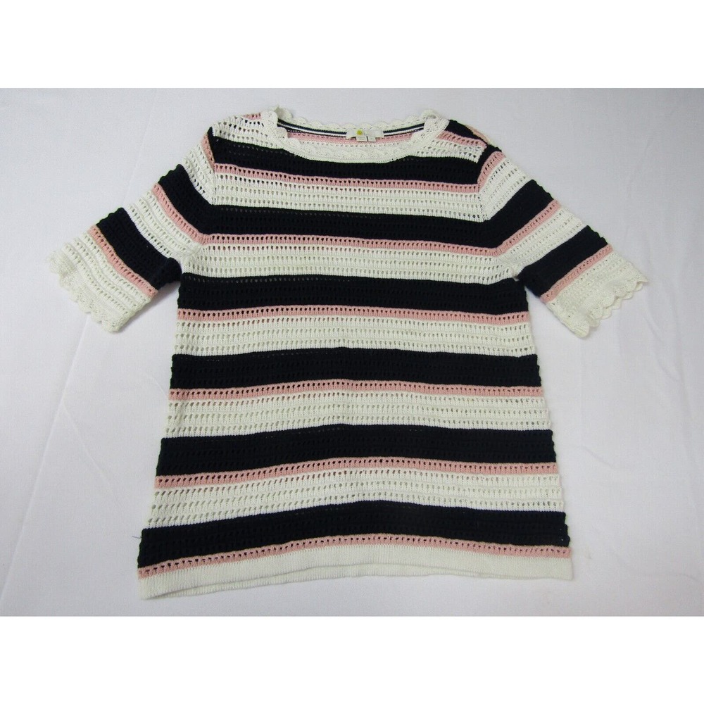 Boden Blue Stiped Open Knit Pullover Sweater Crew Womens Medium Scalloped Layer